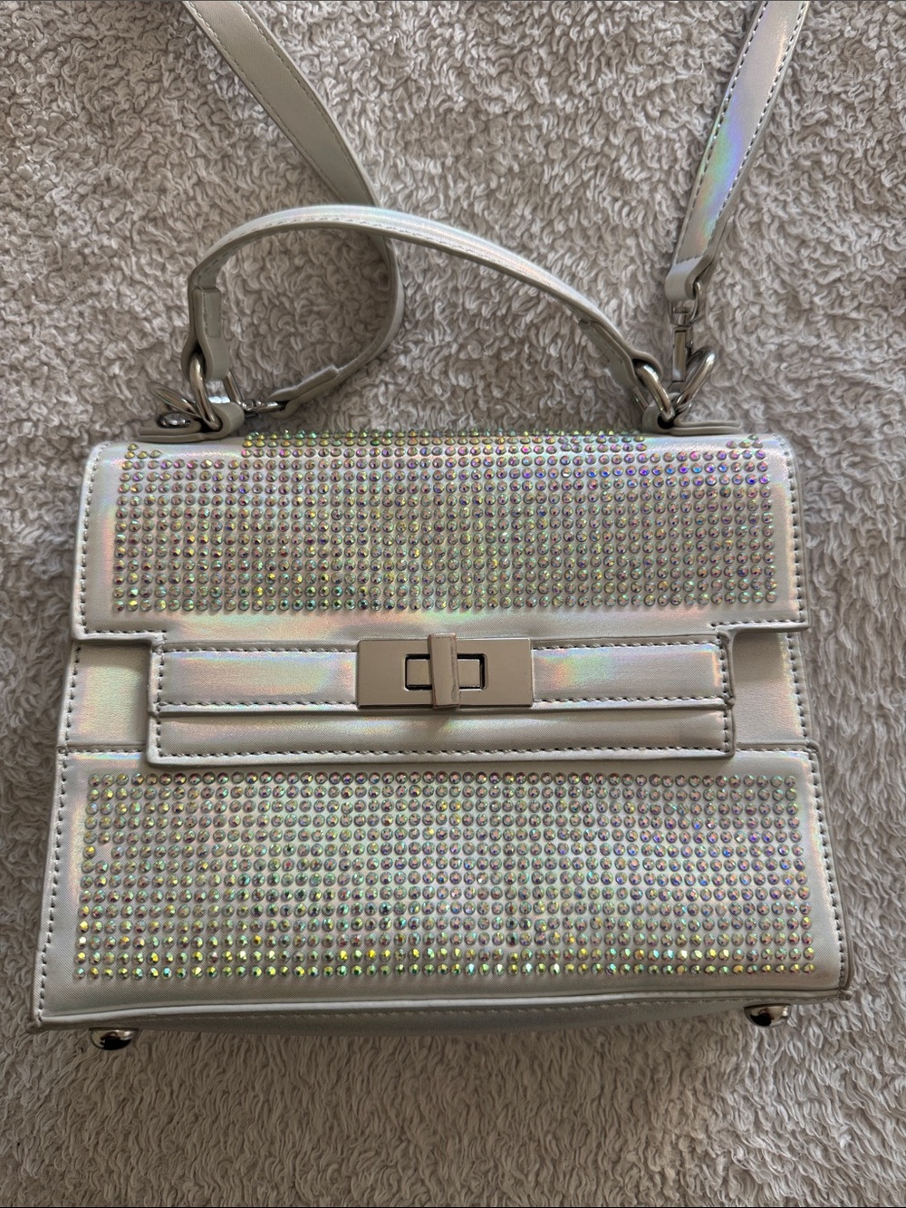 Iridescent Silver Mini Crossbody Bag with Crystal Accents Call it Spring